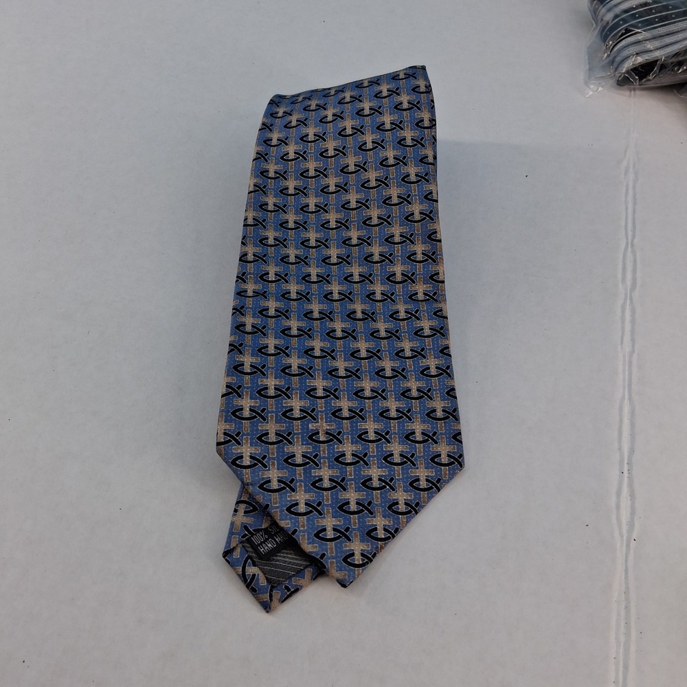 Alberto Zerra Tie 58" Mens Blue Ichthys Cross‎ Religious Silk Classic Hand Made